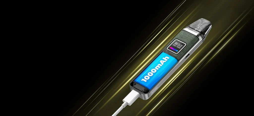 OXVA XLIM PRO 小蠻牛 1000mAh 內置大容量電池透視圖，展示 Type-C 快充功能，支援 30W 長效續航
