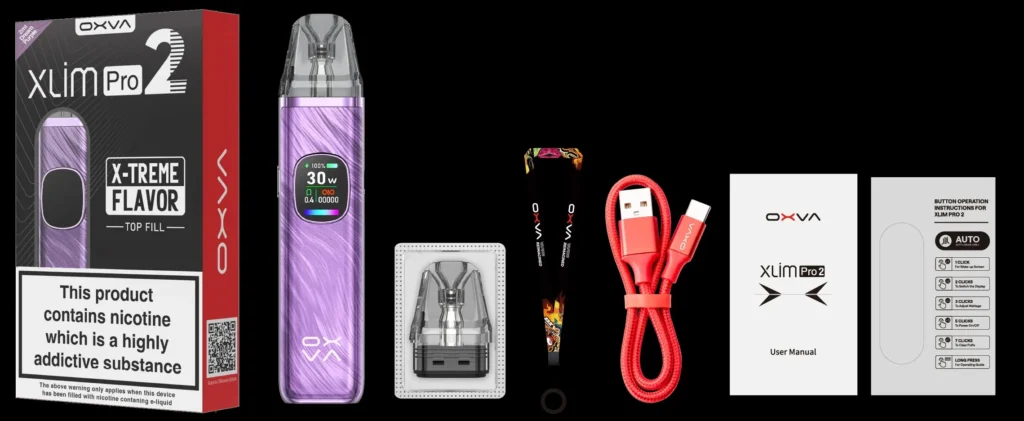 OXVA XLIM PRO 2 小蠻牛二代原廠完整包裝清單，包含 30W 主機、頂部注油替換煙彈、專屬品牌掛繩、紅色 Type-C 快充線與按鍵操作手冊