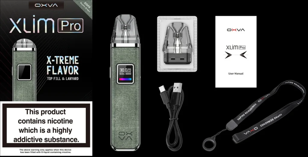 OXVA XLIM PRO 小蠻牛原廠完整包裝清單，包含 30W 主機、頂部注油替換煙彈、Type-C 充電線、專屬品牌掛繩與使用手冊