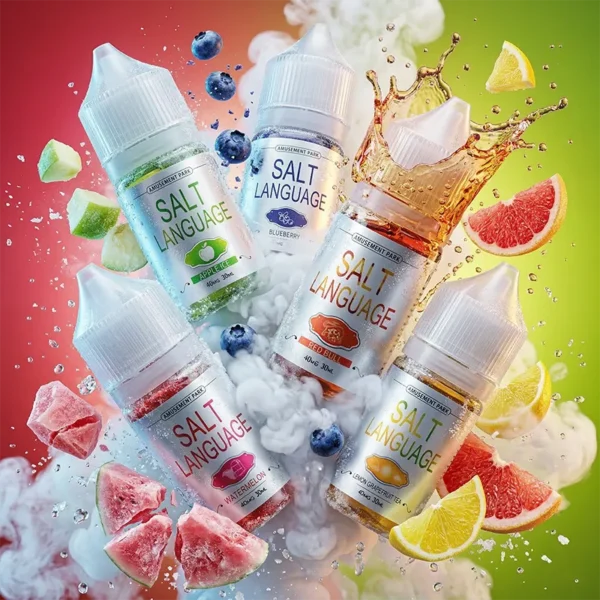鹽語 SALT LANGUAGE 煙油 - 40mg 頂級丁鹽多口味合集 30ml SALT LANGUAGE 鹽語煙油 30ml 尼古丁鹽主圖。畫面展示五款帶有 40MG 標示的煙油瓶(包含蘋果冰、藍莓、紅牛、西瓜、檸檬西柚),懸浮於紅綠漸層背景中。周圍環繞著新鮮對應水果切片、飛濺的能量飲液體與濃郁白霧。強調其 40mg 高濃度丁鹽配方帶來的扎實擊喉感與極致果香調香工藝,專為小煙設備優化的替煙首選。